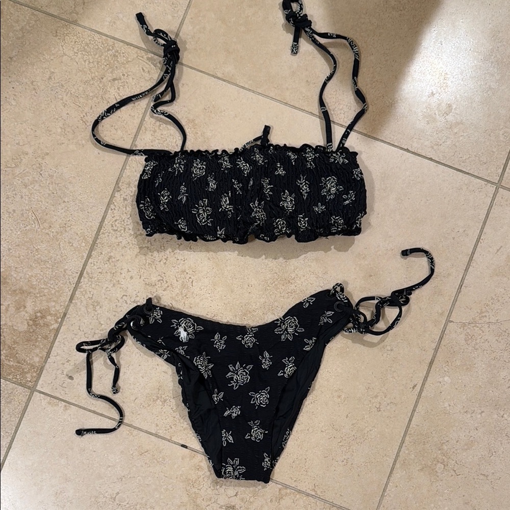 Black Floral Tie-Side Bikini Set Polo Brand